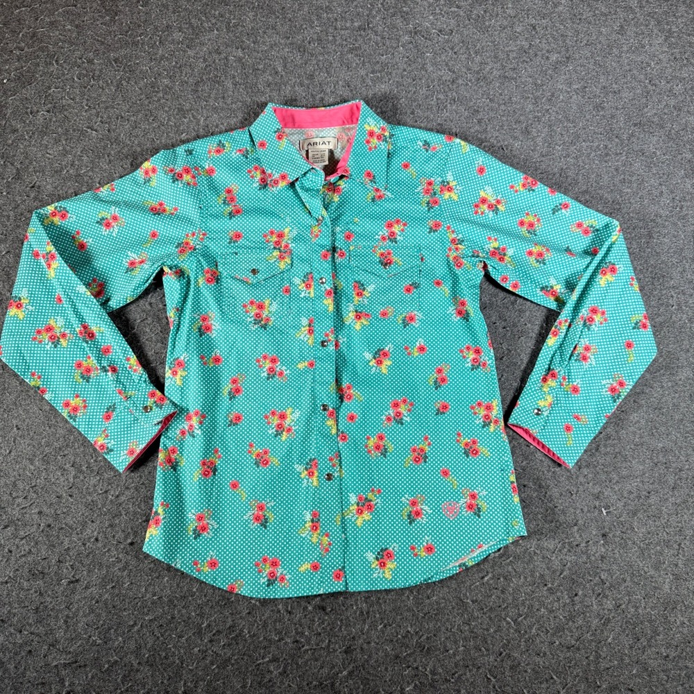 Ariat Youth Girls Teal Floral Polka Dot Western Pearl Snap Shirt Size L 12
